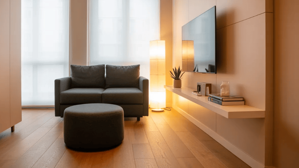 Minimal media corner with wall-mounted TV in a small studio apartment