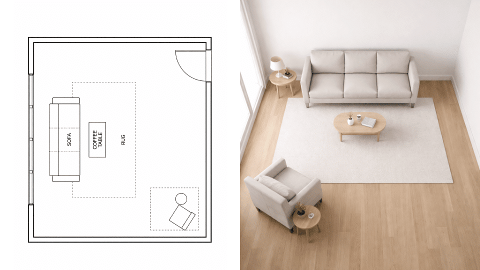 _Minimalist living room layout with simple furniture and open space