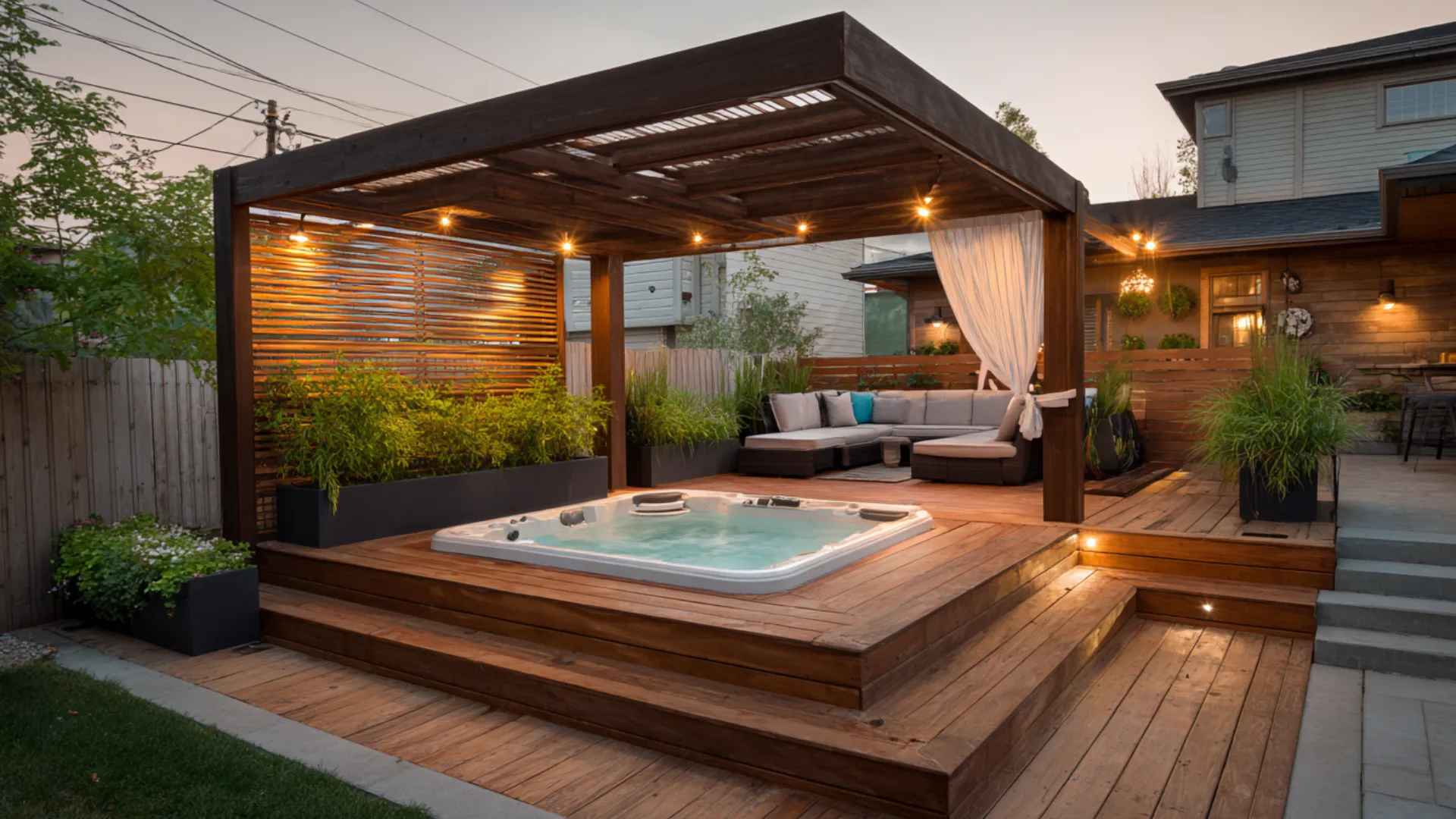 Modern backyard hot tub deck with pergola, seating, plants, and warm evening