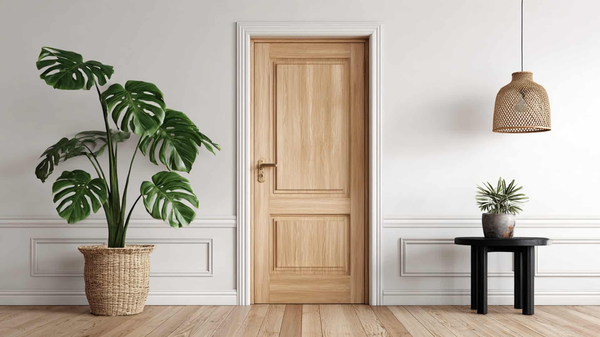 modern interior with light oak wooden door, white wall paneling, and indoor plants