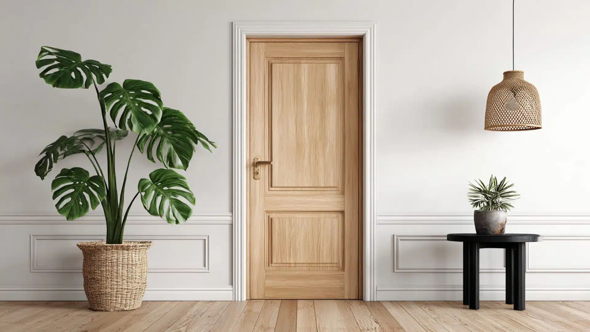 modern interior with light oak wooden door, white wall paneling, and indoor plants