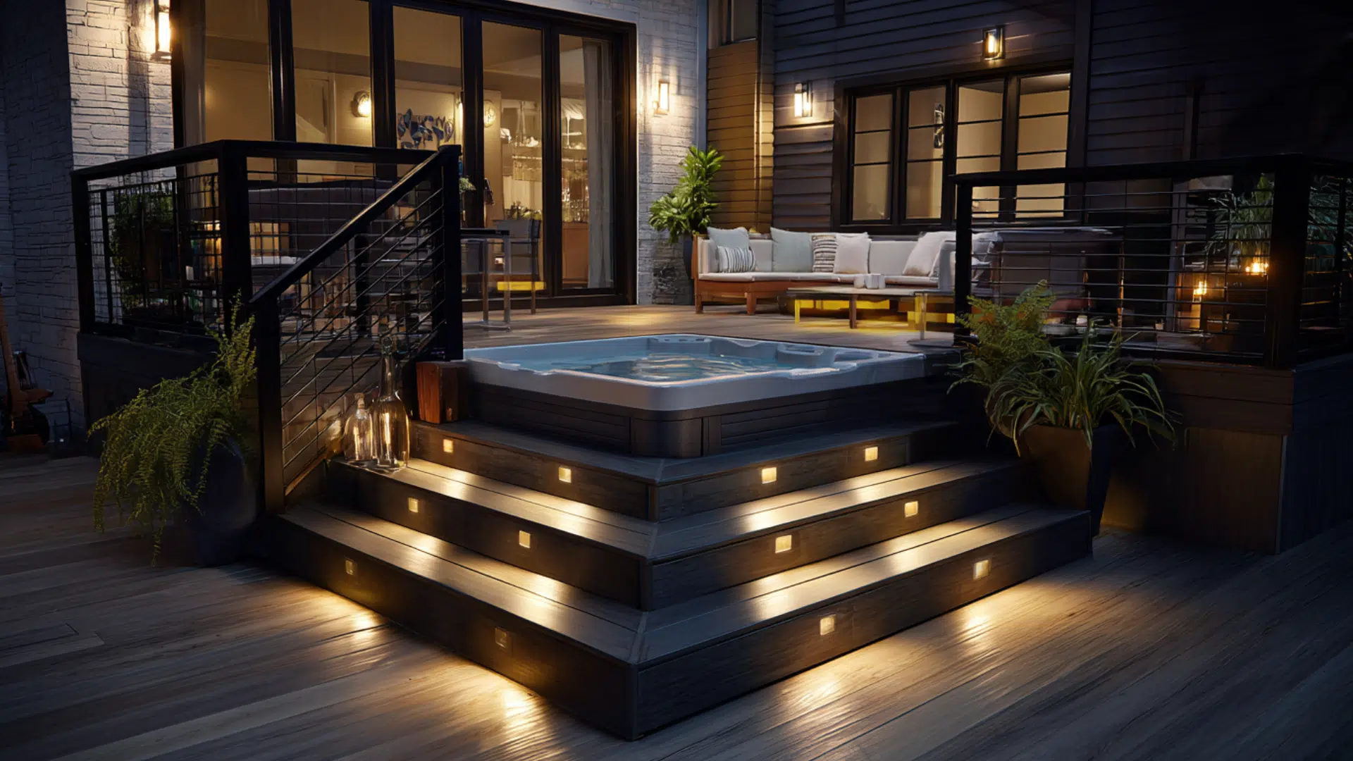Multi-level hot tub deck with LED step lights glowing along the stair risers now