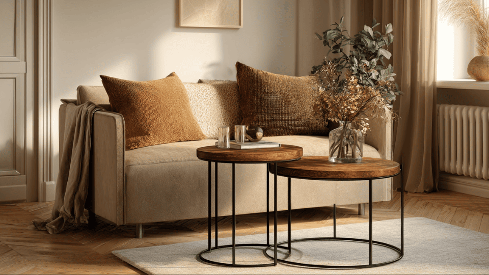 Nesting tables in a cozy small studio apartment living area
