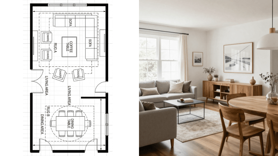 _Open concept living room with seating and dining zones defined by furniture