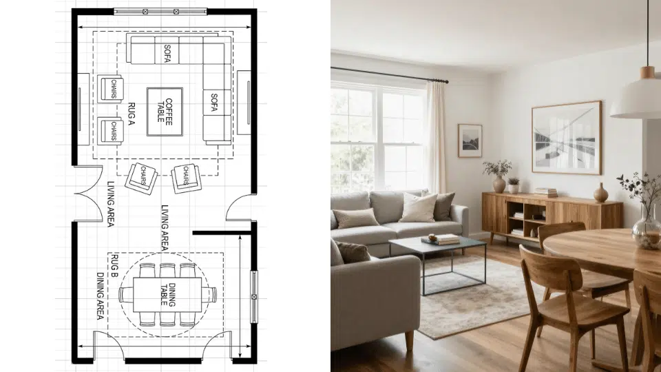 _Open concept living room with seating and dining zones defined by furniture