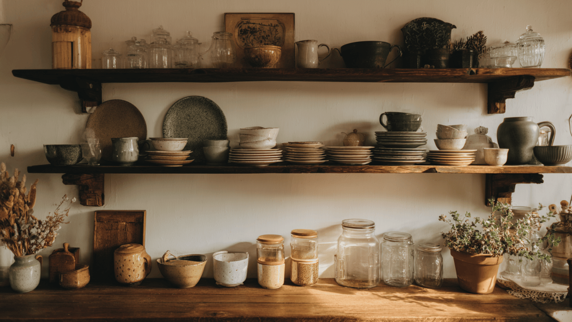 Open Wooden Shelving with Vintage Charm