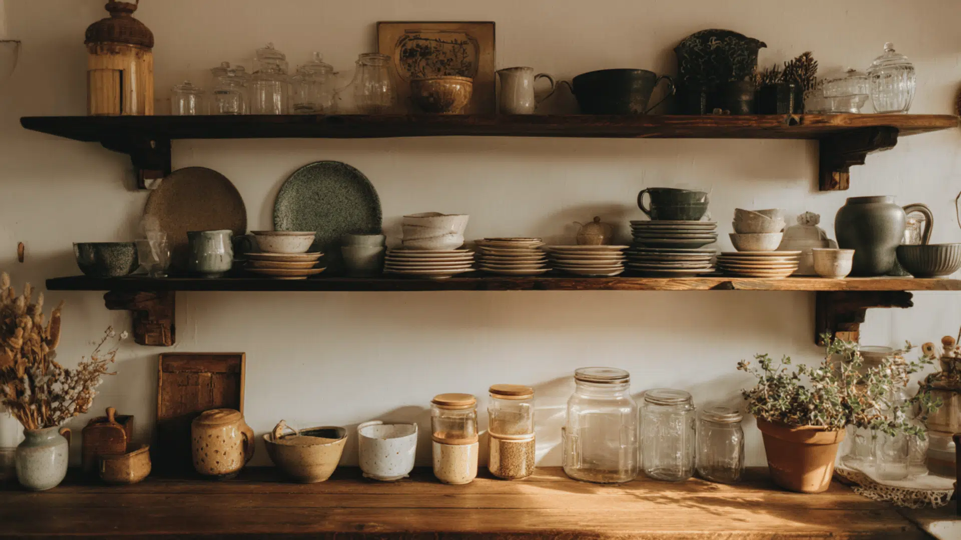 Open Wooden Shelving with Vintage Charm