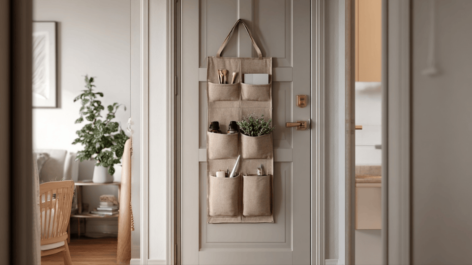 Over-the-door organizer in a cozy small studio apartment entry area