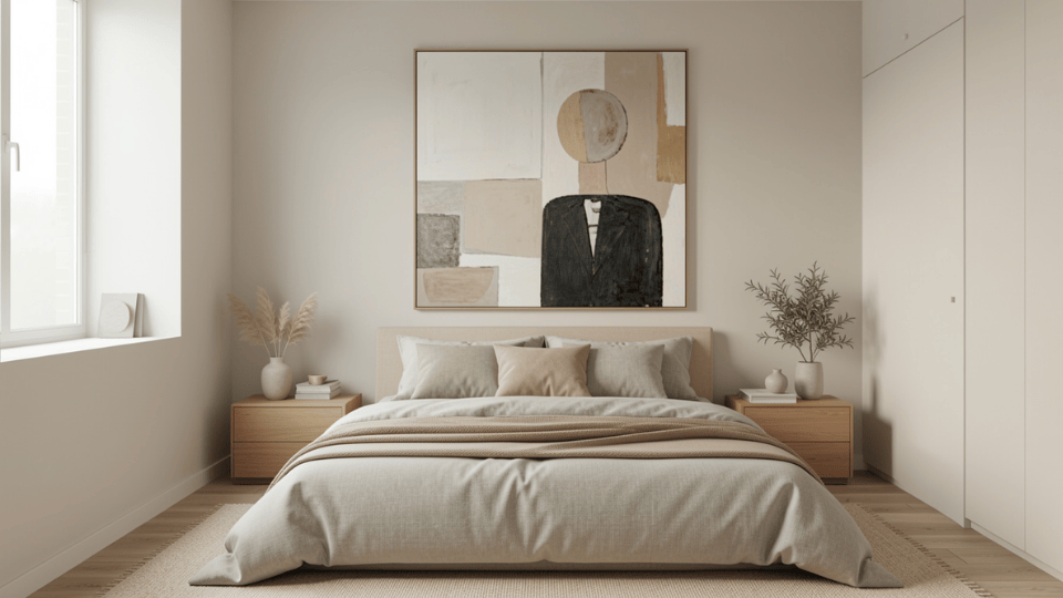Oversized wall art used in a small studio apartment bedroom