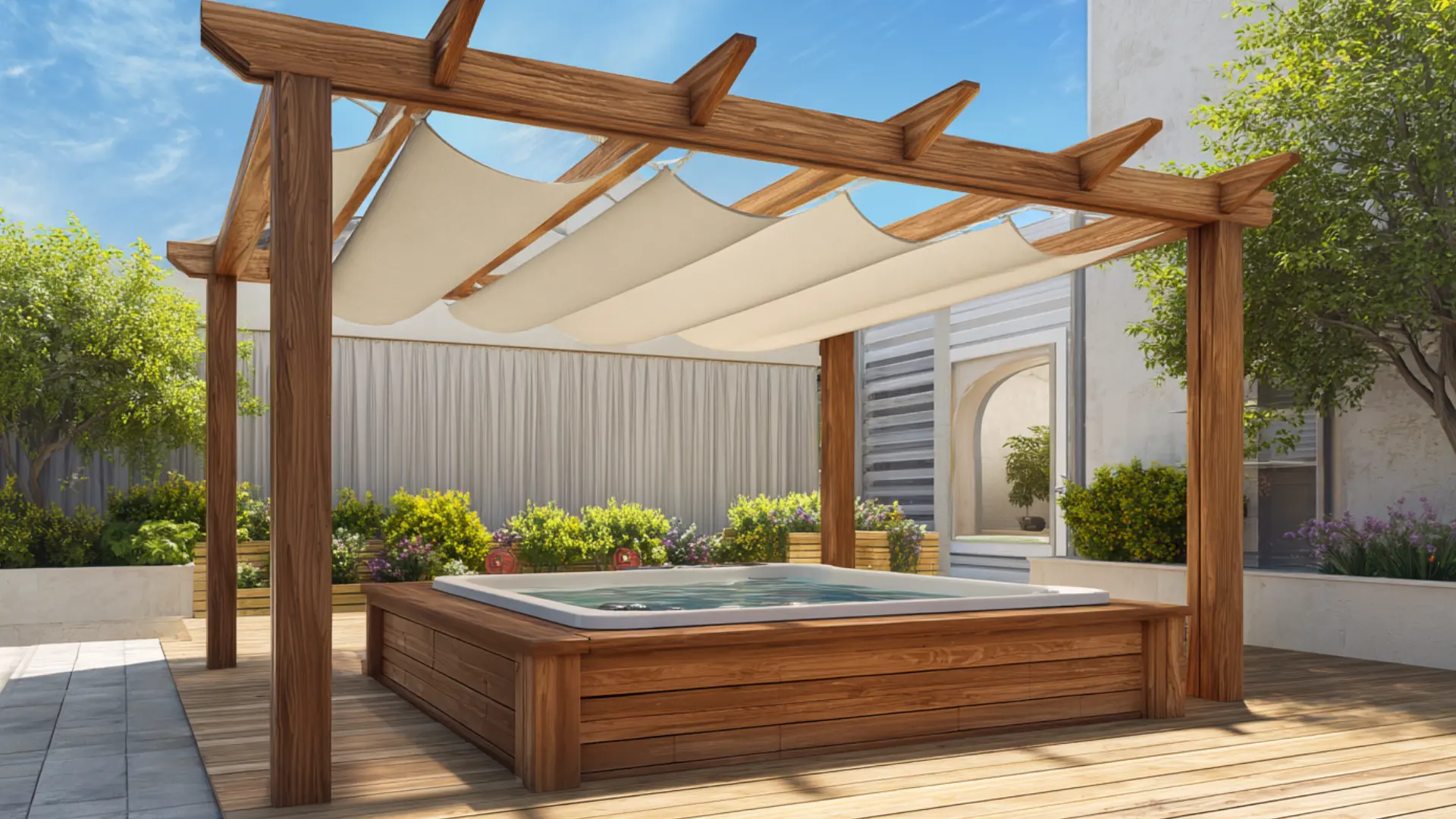 Pergola frame with shade sail above a hot tub deck in a bright backyard by deck.