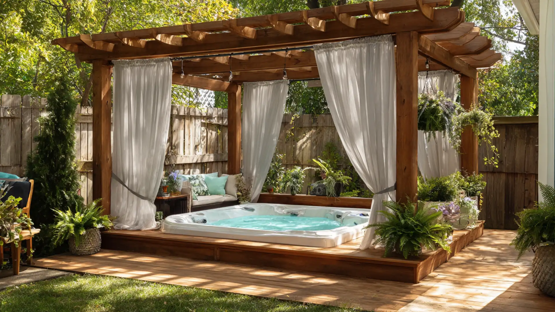 Pergola over hot tub with outdoor curtains partly closed for shade and privacy.