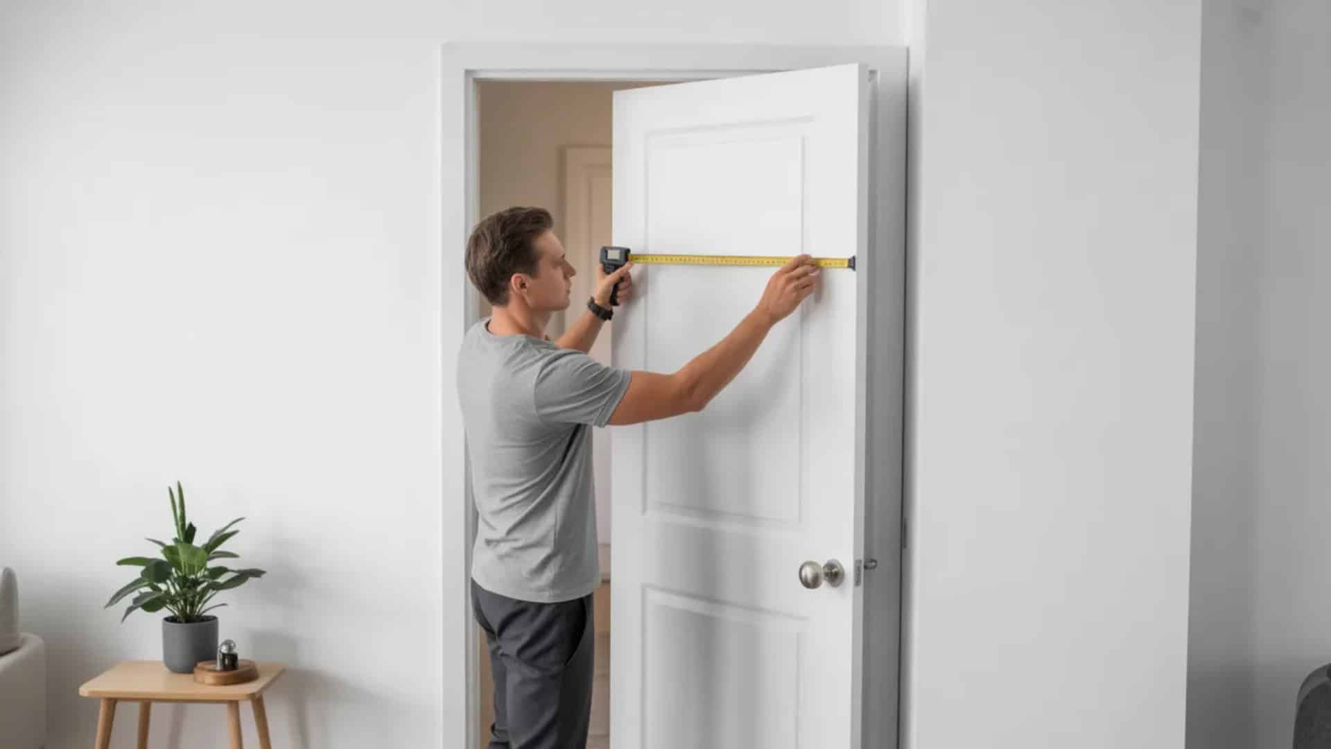 Person measuring white interior door width with a tape measure in a bright room