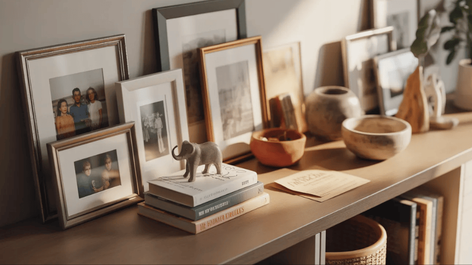Personal decorative objects displayed on a shelf in a cozy small studio apartment