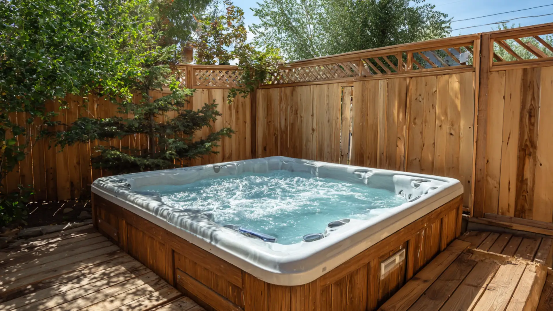 Private hot tub deck enclosed with board-on-board fencing and warm wood tones.