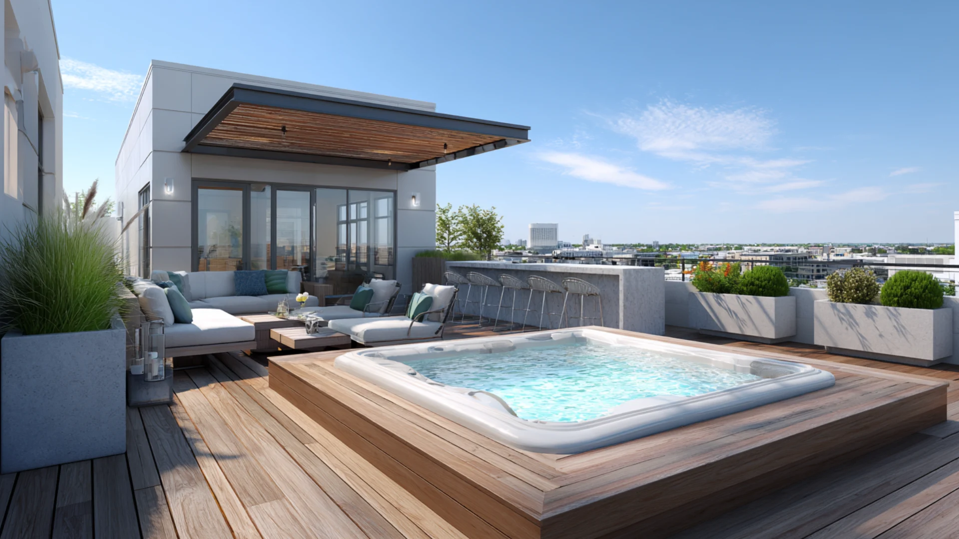 Rooftop deck with hot tub under open sky in a private city home setting by deck.