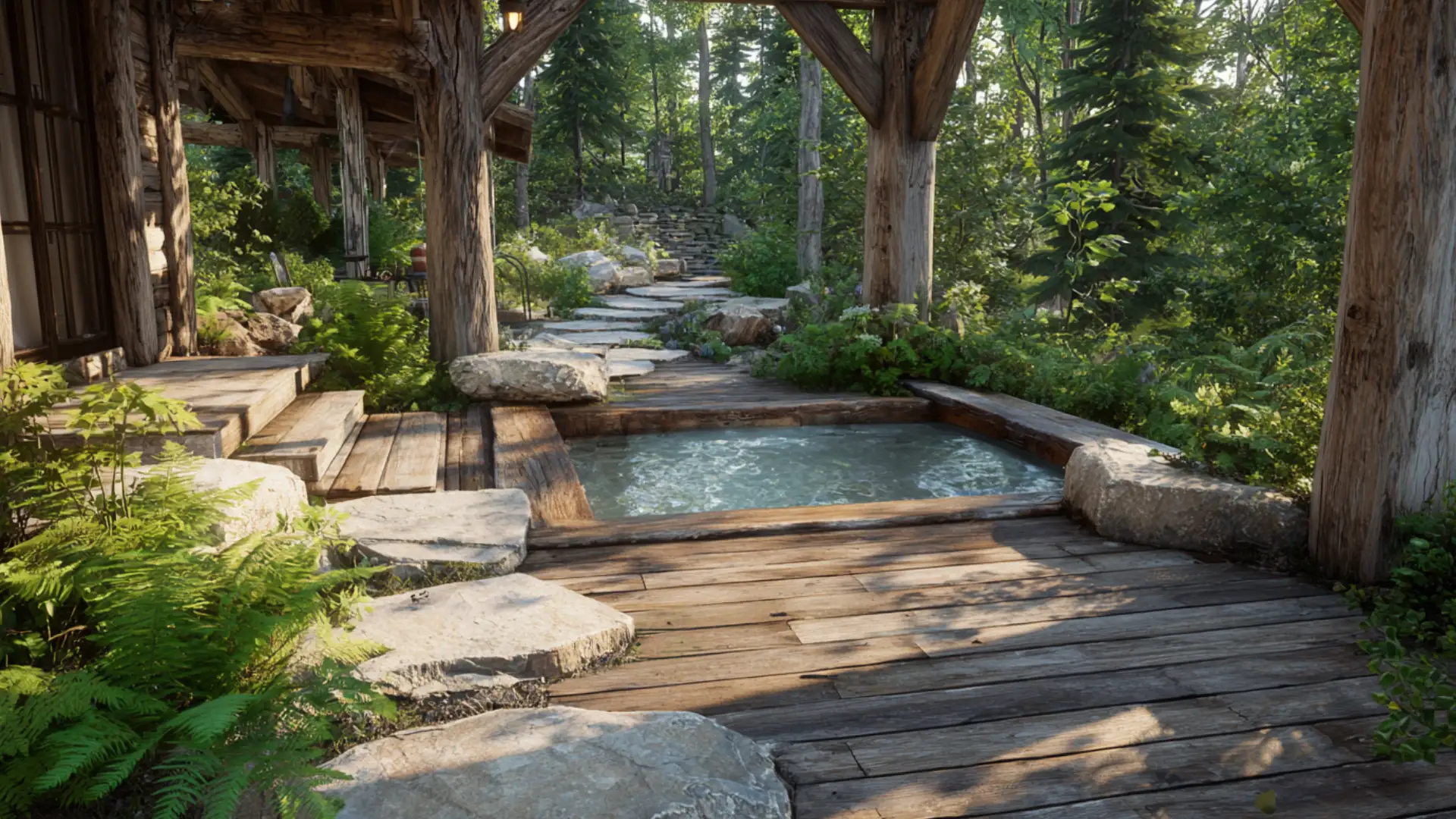 Rustic hot tub deck with rough timber posts and stone paths in a yard near home.