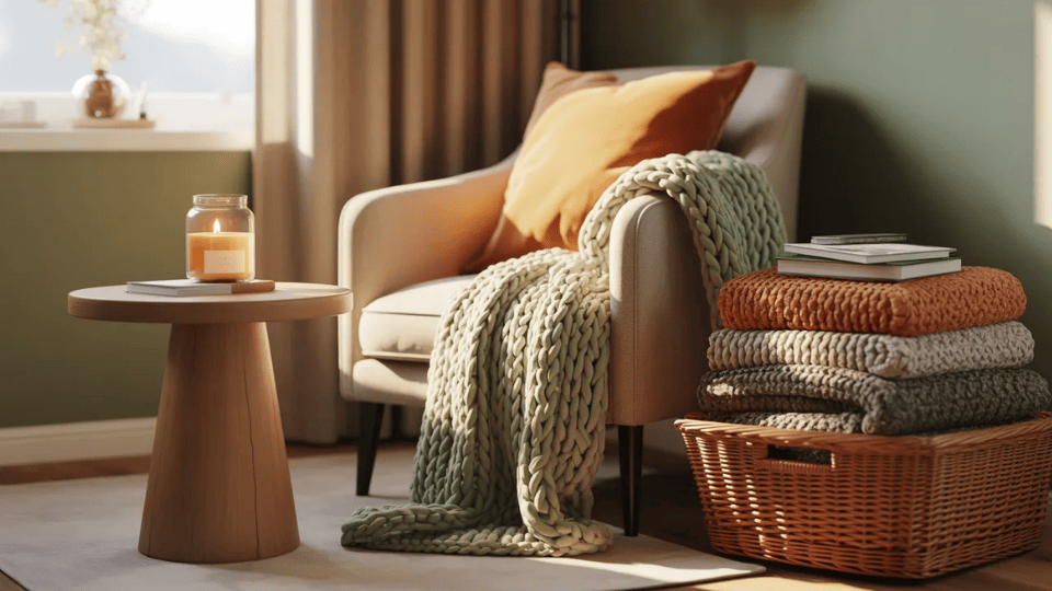 Seasonal soft furnishings styling a cozy small studio apartment seating area
