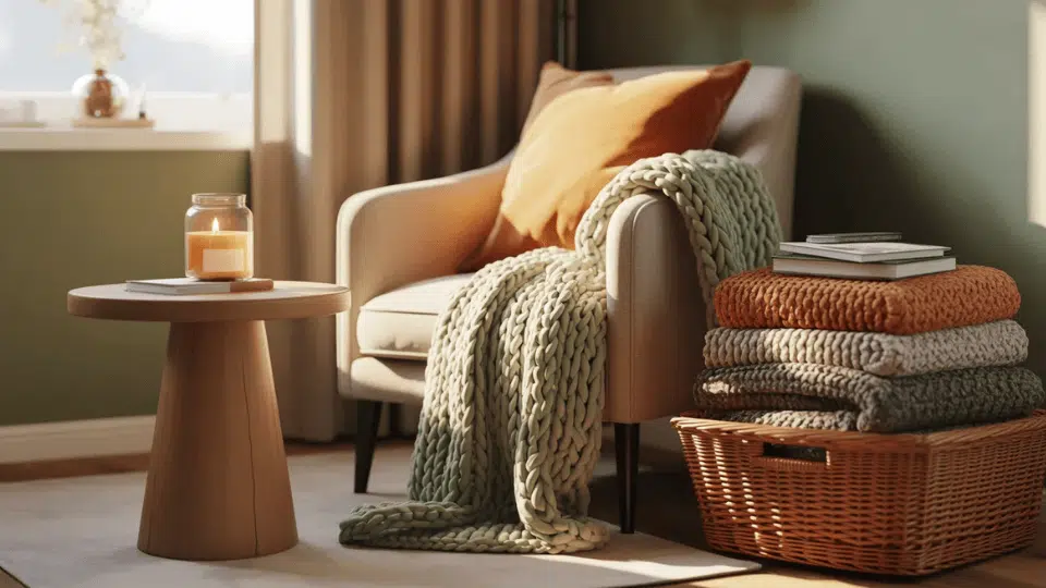 Seasonal soft furnishings styling a cozy small studio apartment seating area