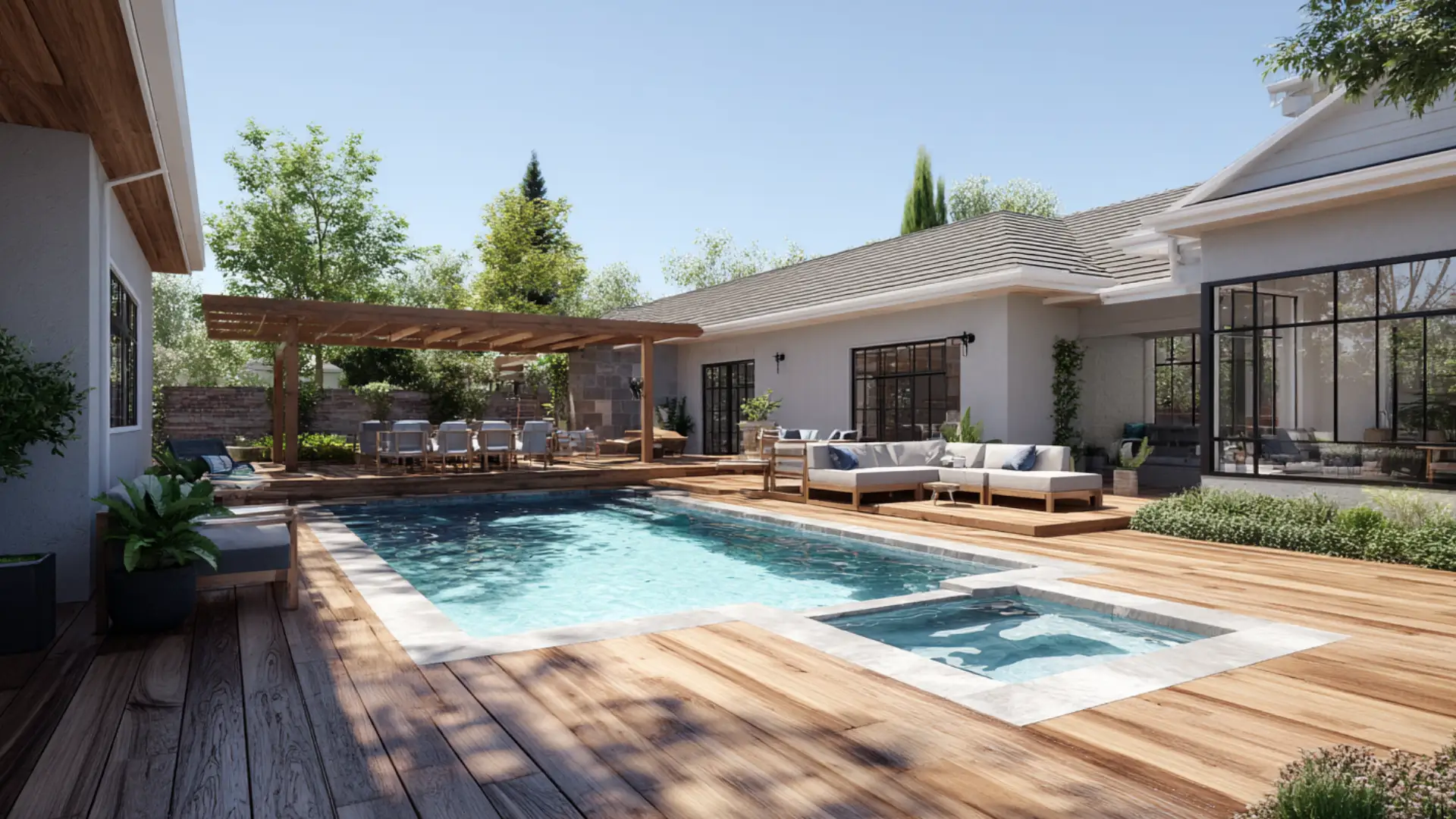Shared pool and hot tub deck with clean lines and matching outdoor materials