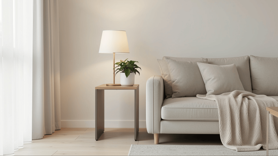 Slim side table beside loveseat in a small studio apartment living space