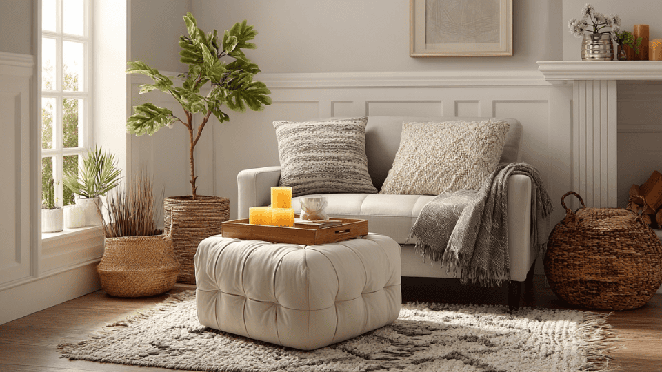 Small ottoman used as footrest and table in a cozy studio apartment living zone
