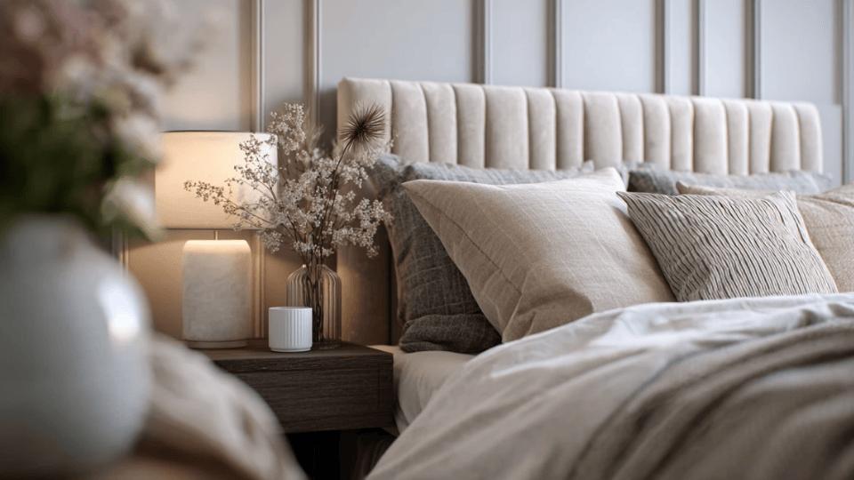 Small studio apartment bed with upholstered headboard creating a cozy focal point