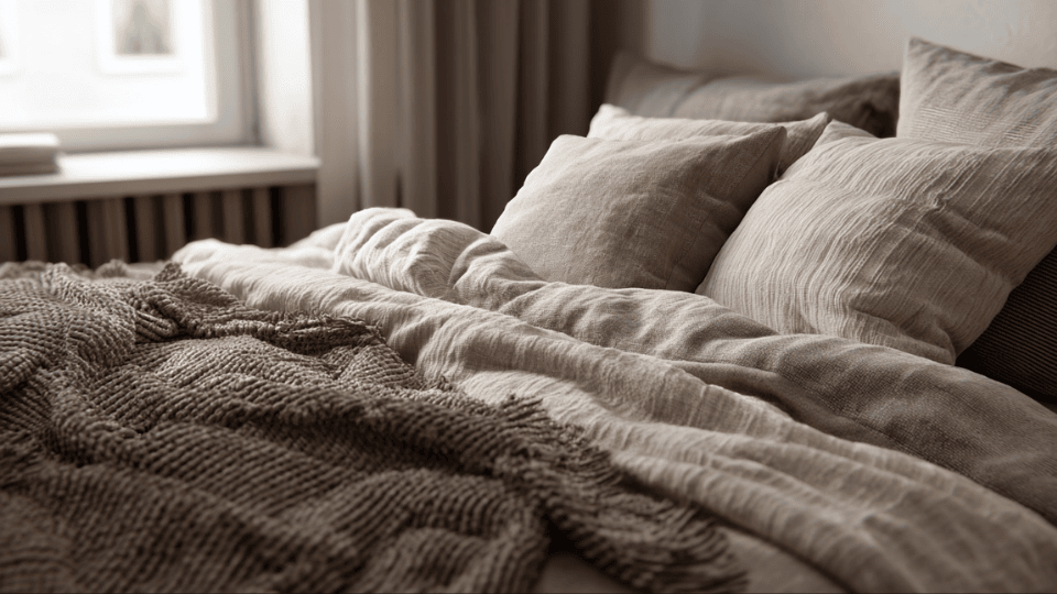 Soft linen bedding and cozy textures in a small studio apartment sleeping area