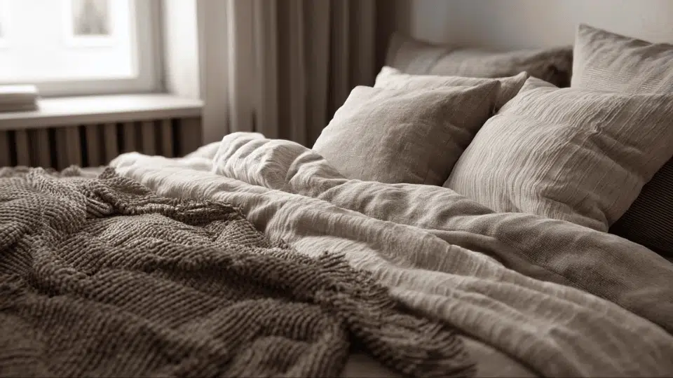 Soft linen bedding and cozy textures in a small studio apartment sleeping area