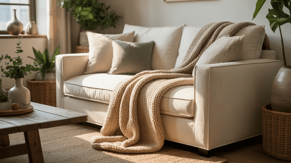 Soft throw blanket on loveseat in a cozy small studio apartment living area