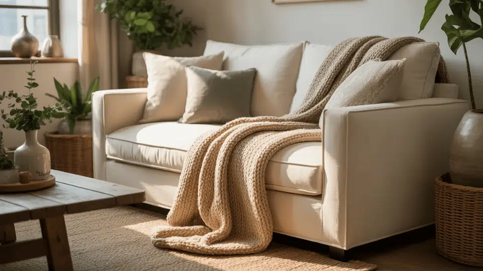 Soft throw blanket on loveseat in a cozy small studio apartment living area