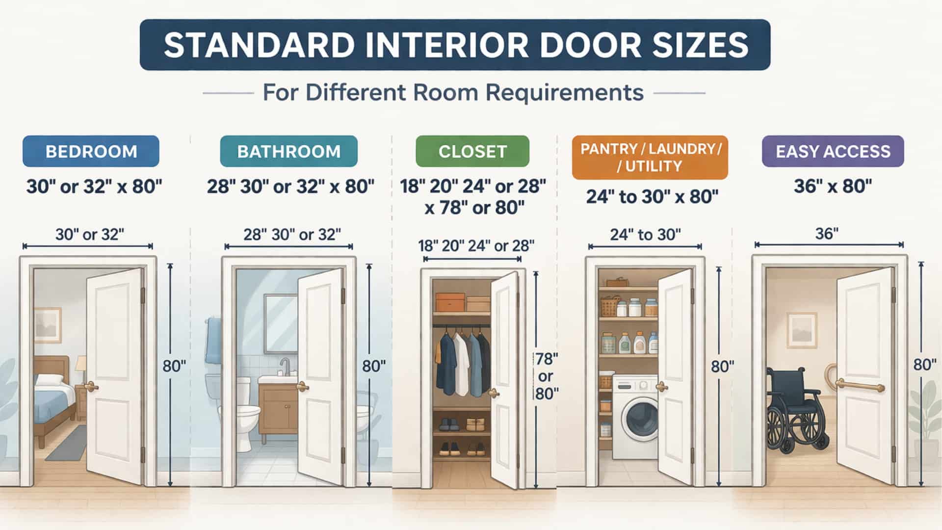 Standard interior door sizes infographic showing room types and door dimensions