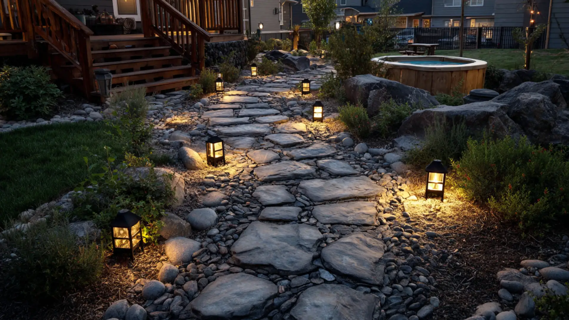 Stone path to hot tub deck lined with solar lights in a landscaped yard by deck.