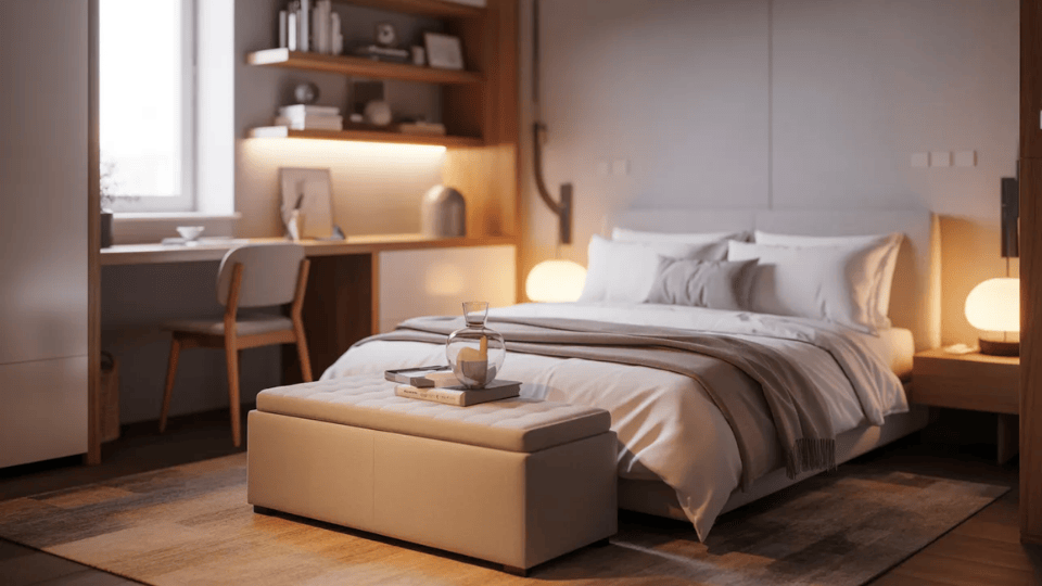 Storage ottoman in a cozy small studio apartment living area