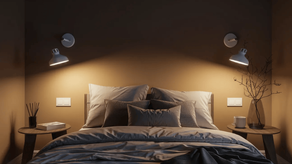Studio apartment bed with wall-mounted sconces providing warm ambient lighting