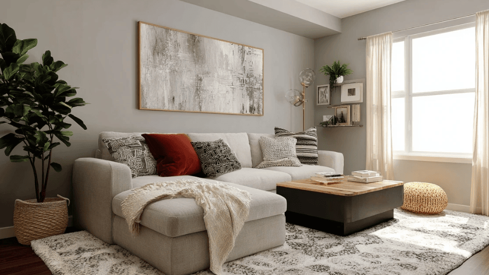 Studio apartment living zone with a bold anchor piece creating a focal point