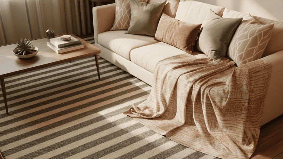 Subtle patterns adding texture to a cozy small studio apartment living area