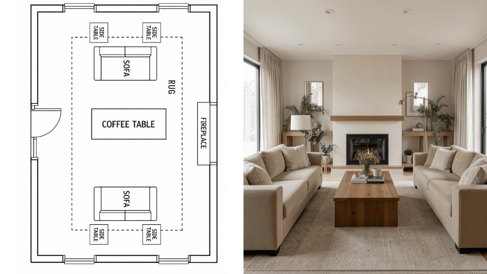 Symmetrical living room layout with two sofas facing each other and a central fireplace
