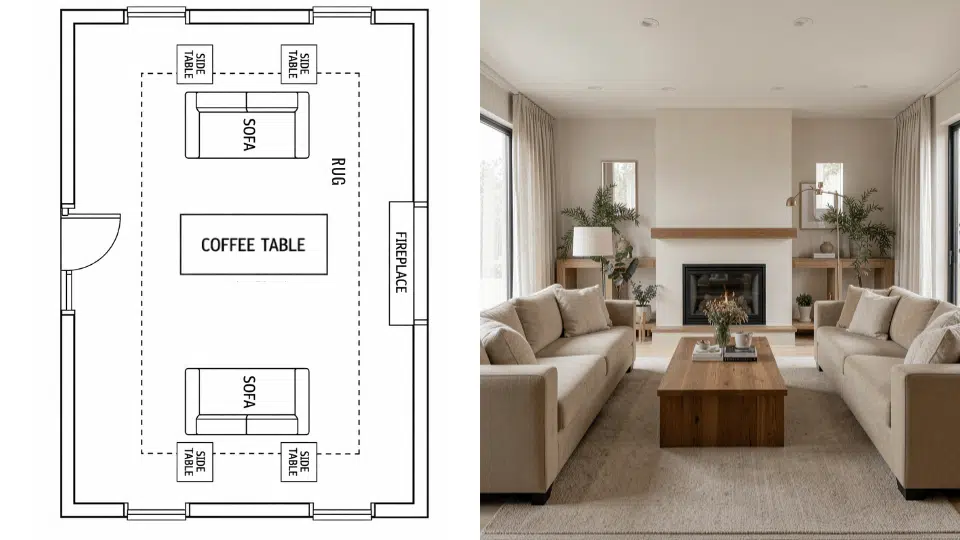Symmetrical living room layout with two sofas facing each other and a central fireplace