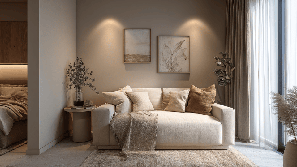 Tone-on-tone neutral styling in a cozy studio apartment living area
