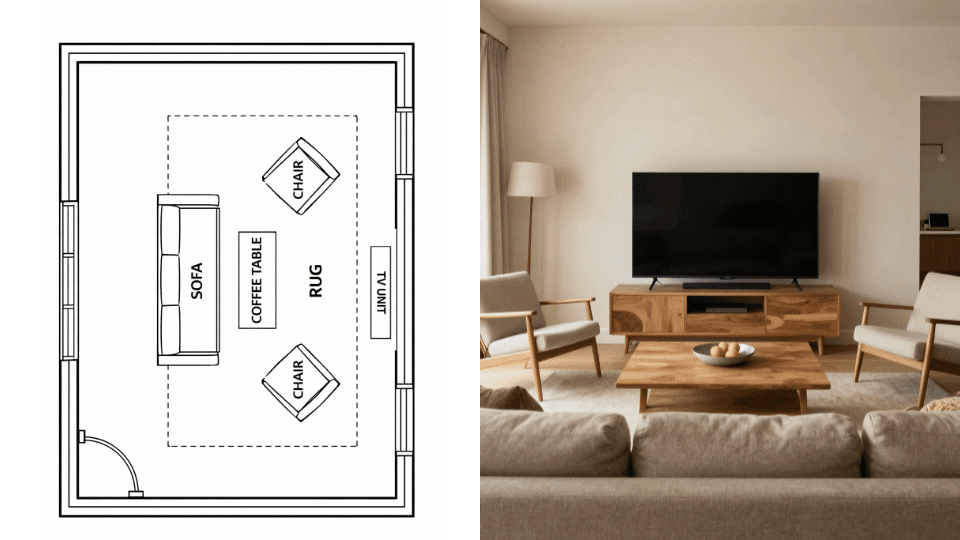 _TV-centered living room layout with sofa and chairs facing screen