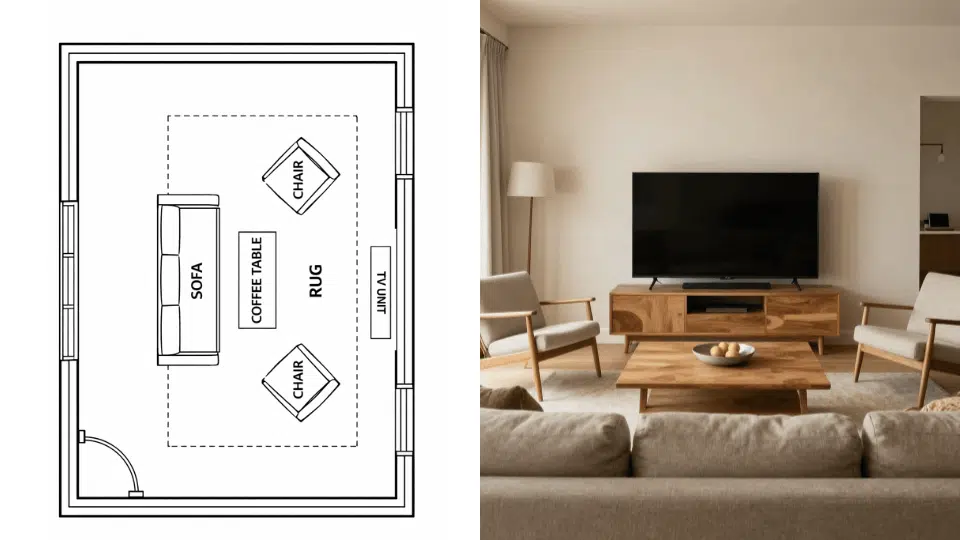 _TV-centered living room layout with sofa and chairs facing screen