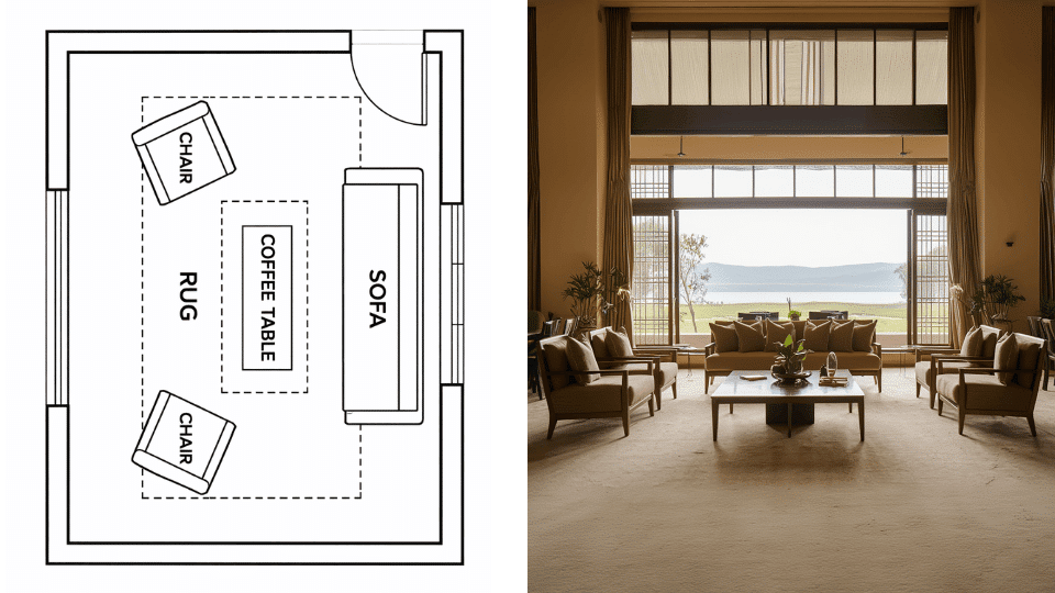 _U-shaped living room seating layout with sofa and chairs around a central table