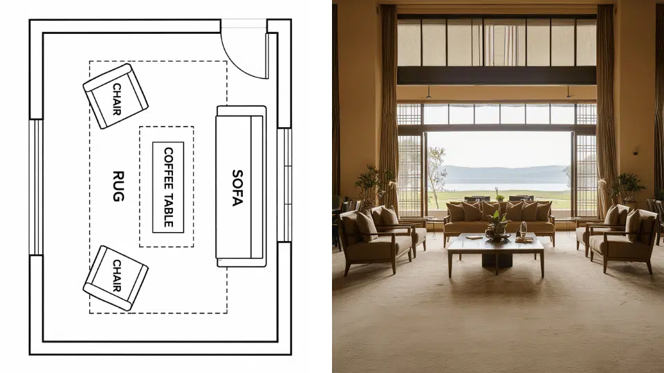 _U-shaped living room seating layout with sofa and chairs around a central table