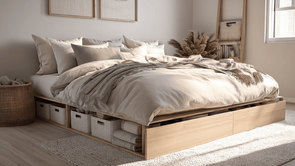 Under-bed storage containers in a cozy small studio apartment bedroom area