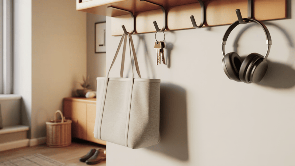 Wall hooks for daily essentials in a cozy small studio apartment entryway