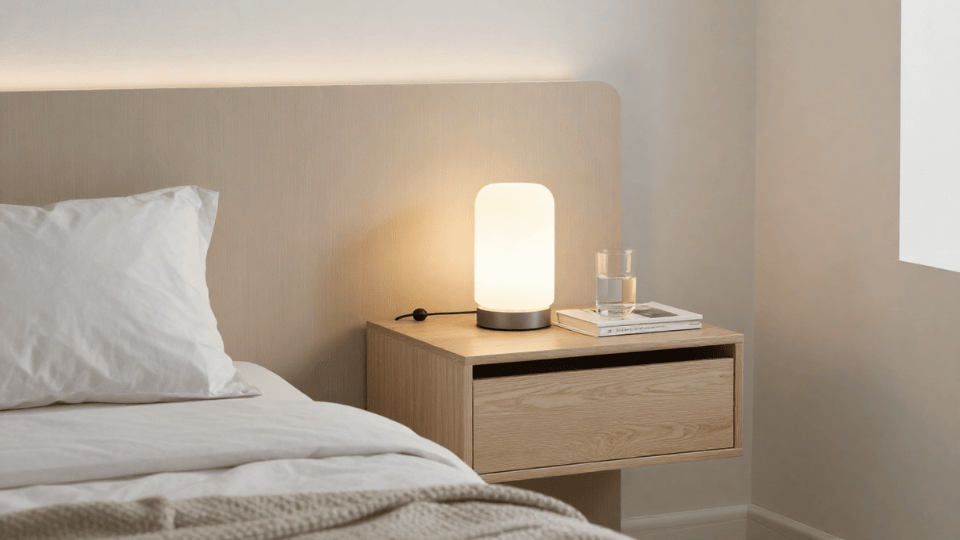 Wall-mounted shelf used as a nightstand in a small studio apartment bedroom