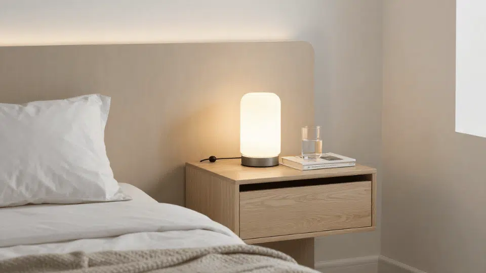 Wall-mounted shelf used as a nightstand in a small studio apartment bedroom