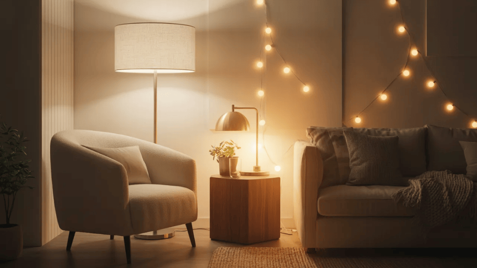 Warm ambient lighting in a cozy small studio apartment living room corner