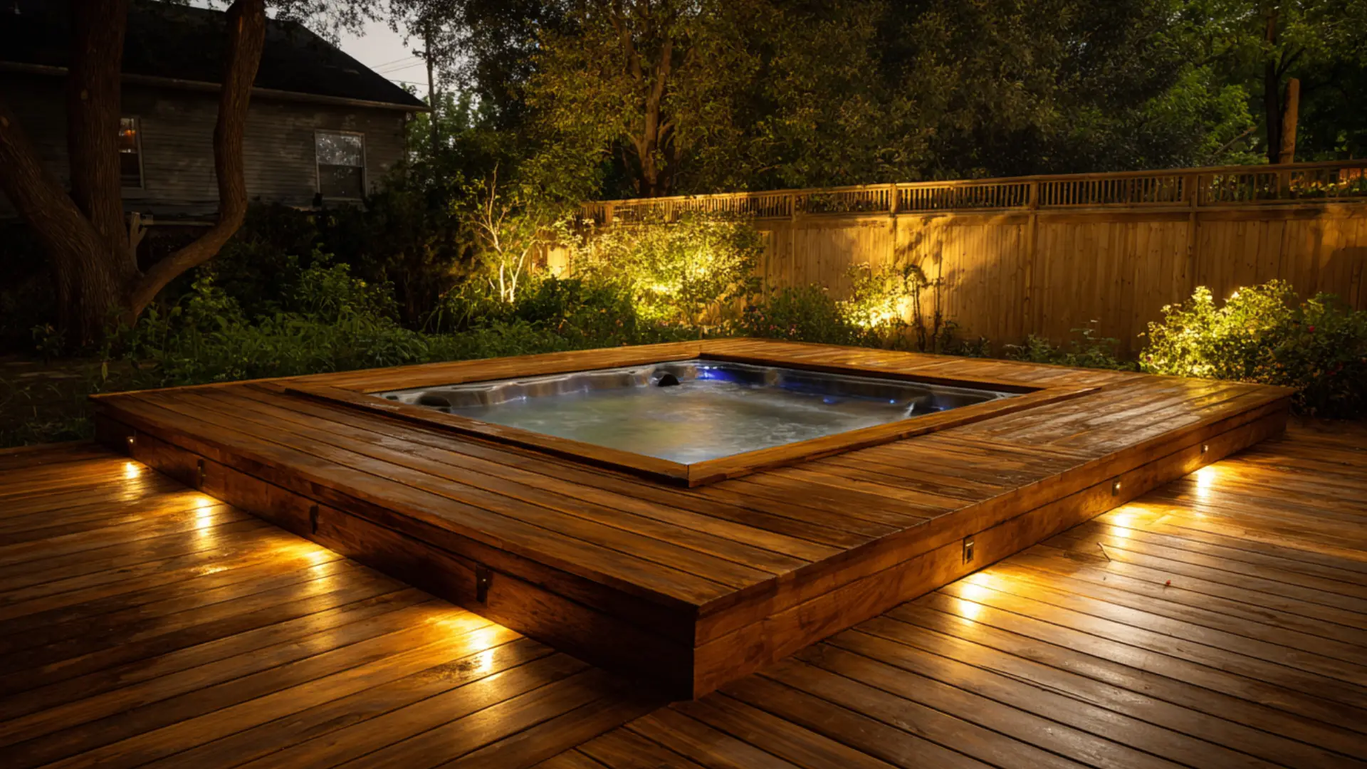 Wood hot tub deck with flush recessed lights around the deck perimeter at night.