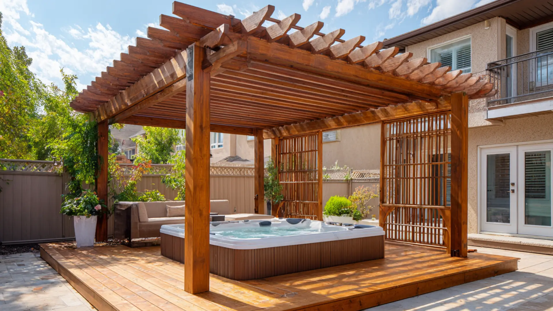 Wood pergola over a hot tub deck with filtered light and open backyard views